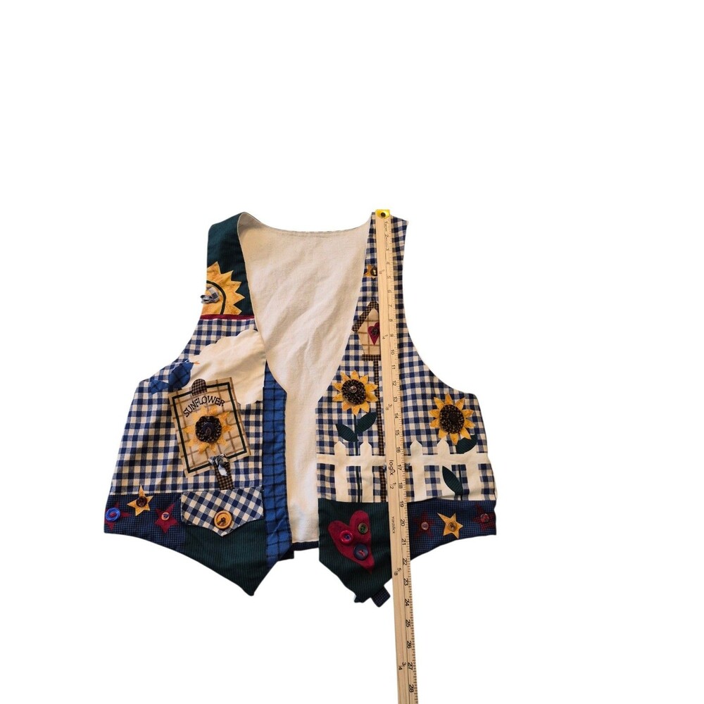 VTG Handmade Vest Sunflower Blue Spring Tie Back Cottagecore Checkered - Picture 5 of 5